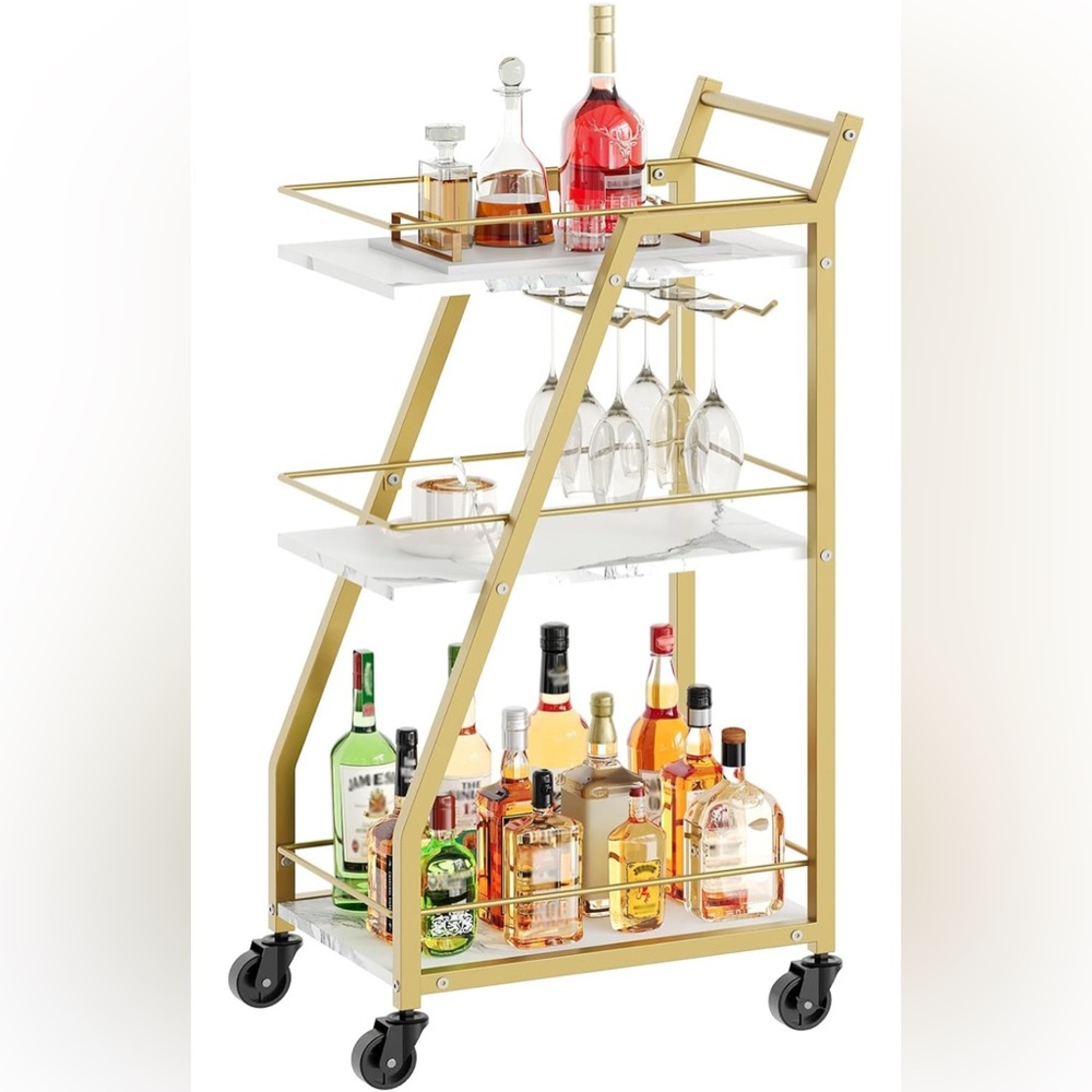 Gold Bar Cart Beverage Cart, Serving Cart with Glass Holder, Marble White & Gold
